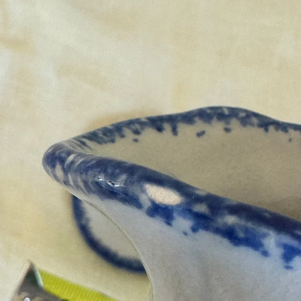 Miniature Blue White Heart Sponge Ware Pitcher and Saucer Set Farmhouse Decor